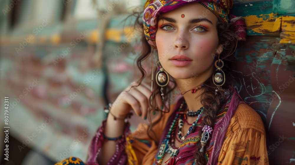 portrait of a young woman in gypsy style outfil with colorful head scarf