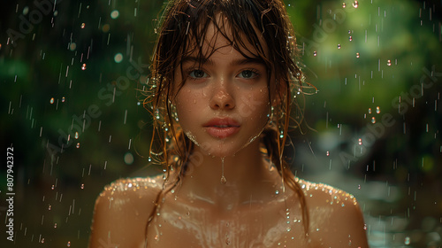 young woman enjoy the summer warm rain 
