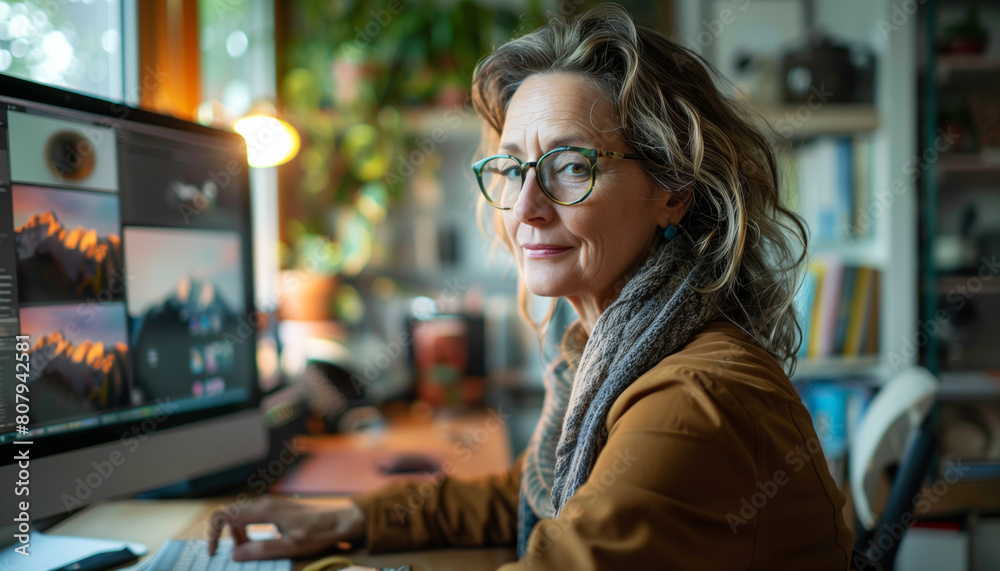 senior woman with grey hair glsses smart casual outfit working on computer senior woman with grey hair glsses smart casual outfit working on computer
