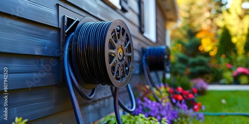 Wallmounted garden hose reel for watering and cleaning a convenient home utility. Concept Home Gardening, Water Hose Reel, Outdoor Cleaning, Convenient Utility, Wall Mounted photo