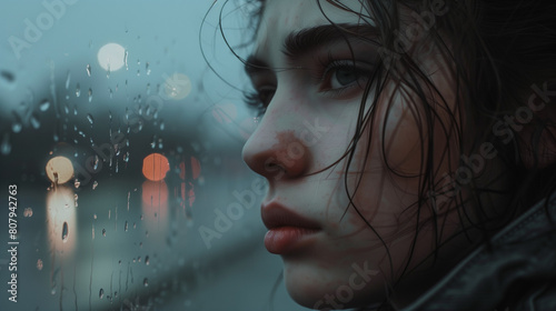 young woman is really sad because of farewell look out the bus rainy window photo