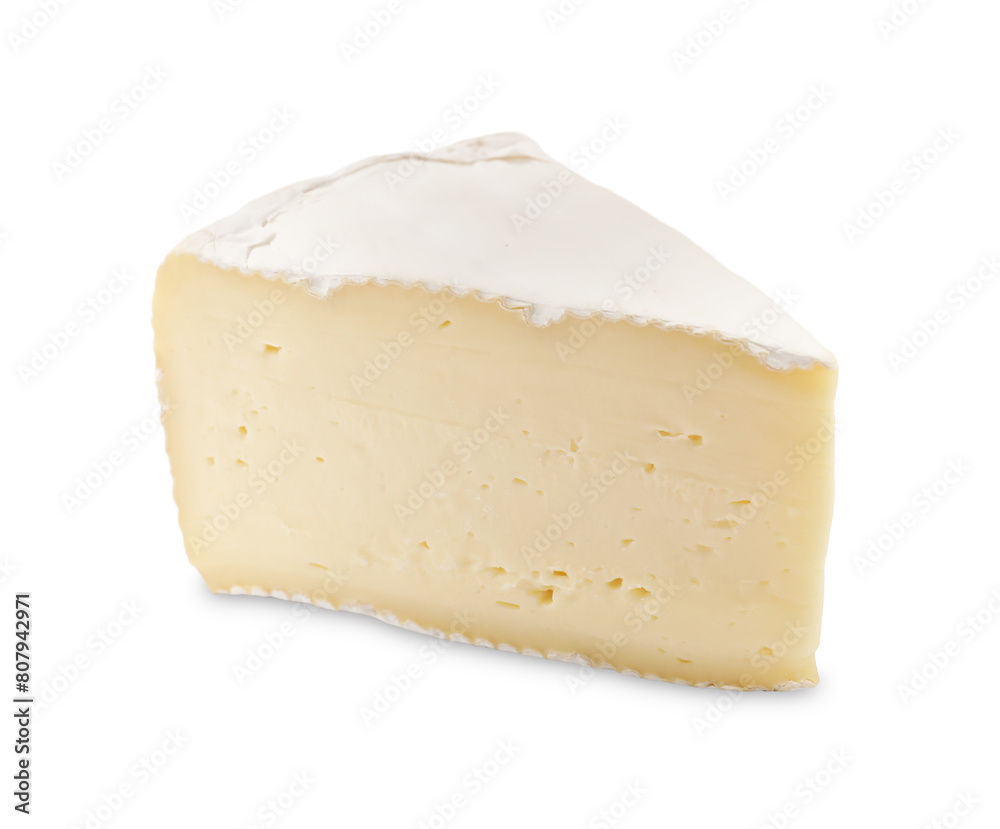 One piece of tasty camembert cheese isolated on white