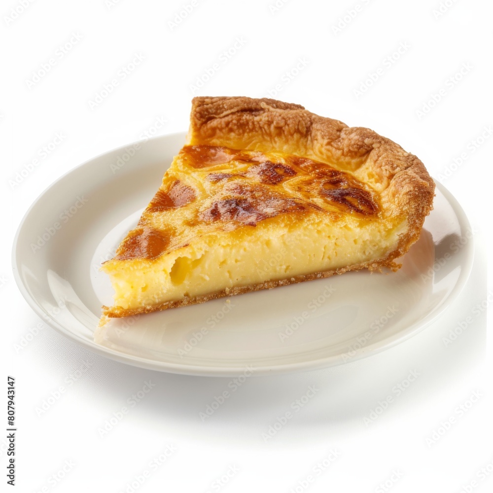 A slice of cheese pie rests on a white plate A slice of cheese pie rests on a white plate