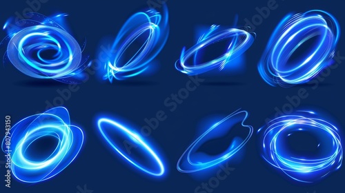 Waved blue neon light elements with swoosh effect. Light glowing swirl lines. Abstract 3d luminous and shine twirl trail. photo