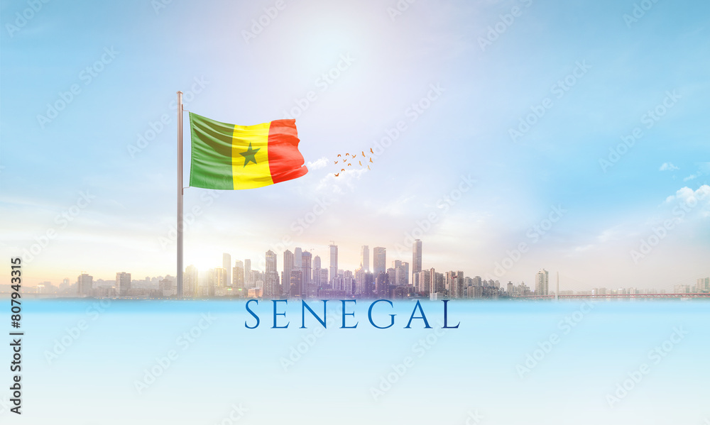 Senegal national flag waving in beautiful building skyline.