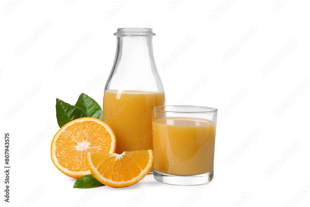 Refreshing orange juice, leaves and fruits isolated on white Refreshing orange juice, leaves and fruits isolated on white