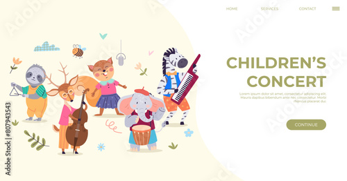 Animal music vector. The animal music concept brings forth magical fairy tale in heart zoo sloth hits triangle, squirrel sings, zebra plays electric piano, elephant plays drums, deer plays cello © robu_s