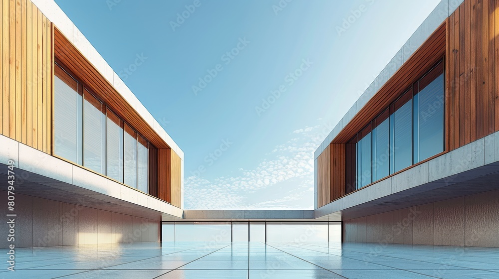 Fototapeta premium Simple modern architecture, minimalist building with wood slats and white walls, blue sky background. Generative AI.