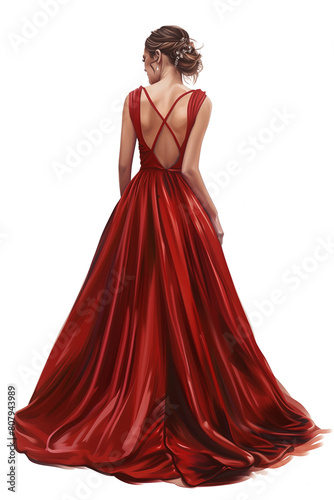 illustration of a beautiful young woman in long red dress