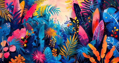 Abstract art painting of vibrant jungle rainforest with a lot of different plants