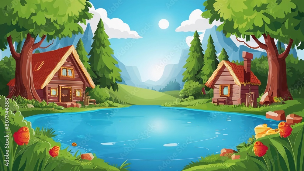 Fototapeta premium Forest Land with river for Kid story Tales