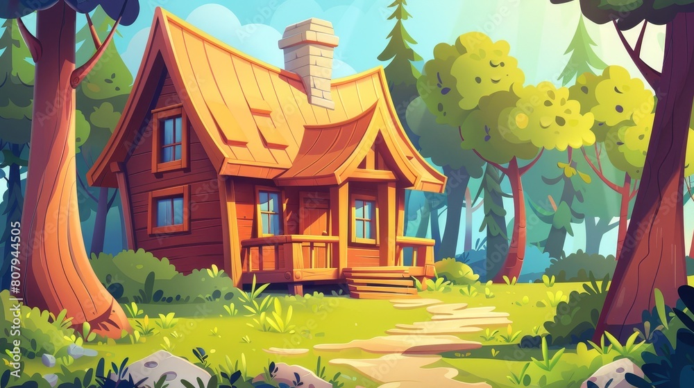 Modern illustration of cute hut in sunny forest with porch, stairs, chimney, direction indicator, road markers, sunlight beam penetrating green foliage on trees, and sunlight beam passing through