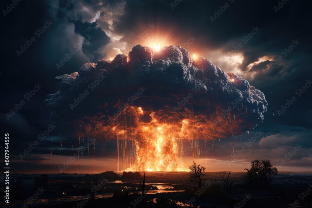 Explosion of an atomic bomb. Blast wave, Destroyed city. Apocalypse