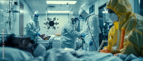 In the emergency department of a hospital, doctors dressed in coveralls and masks save life of a senior patient lying in bed. Their masks and Iv drips were connected to a biohazard sign posted