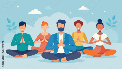 A group of coworkers doing a guided gratitude meditation together expressing gratitude for the positive aspects of their lives to shift their. Vector illustration