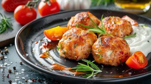 A black plate adorned with savory Keftedes Greek meatballs and vibrant vegetables