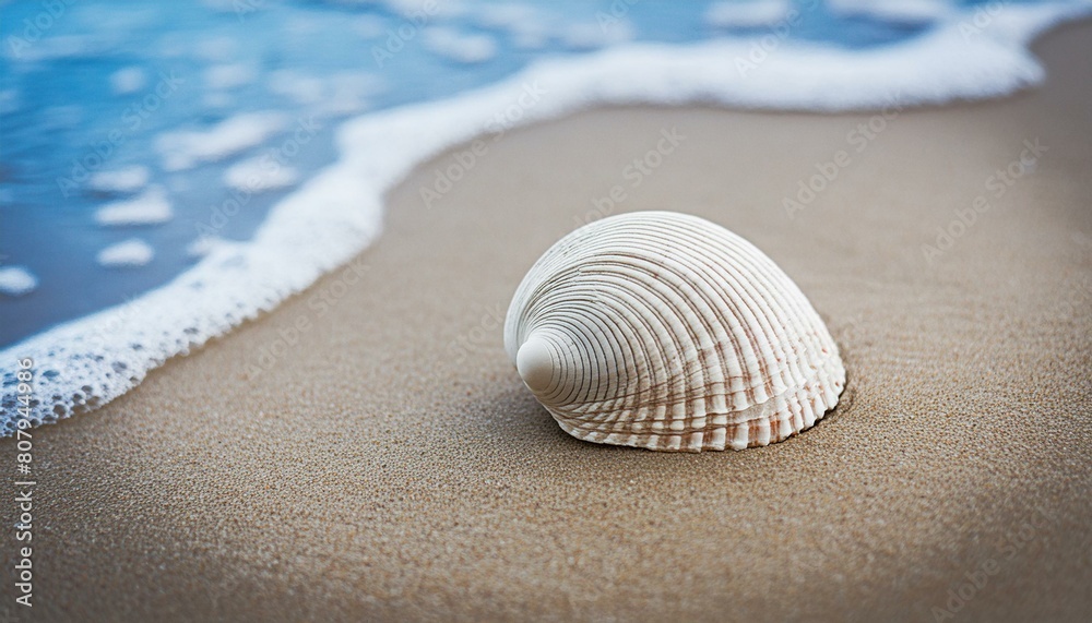 solitary seashell resting on the sandy shore at water's isolated against a backdrop beach summer , solitary seashell resting on the sandy shore at water's isolated against a backdrop beach summer ,