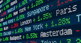 Stock market and exchange, ticker with index changes. Financial markets, cities and percentage index changes, trading, investment. London, Paris, New York, Sydney, Tokyo, Prag, Frankfurt.