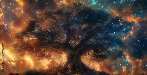 The tree of Life  depicted as a grand  ancient tree with sprawling branches and deep roots  set against a backdrop of the universe. The universe should be vibrant. Generative AI.