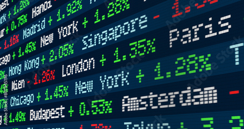 Stock market and exchange, ticker with index changes. Financial markets, cities and percentage index changes, trading, investment. London, Paris, New York, Sydney, Tokyo, Prag, Frankfurt.