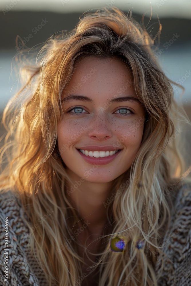 Smiling blonde woman outdoors, expressing joy and happiness in a close-up portrait Smiling blonde woman outdoors, expressing joy and happiness in a close-up portrait