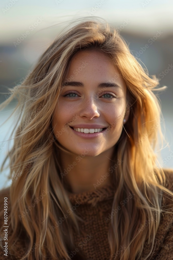 Smiling blonde teenage girl with joyful expression in outdoor portrait Smiling blonde teenage girl with joyful expression in outdoor portrait