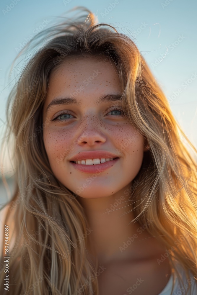 A young woman with long, wavy blonde hair is smiling at the camera. She has light makeup on and is wearing a white shirt. The background is blurry and looks like the sky. A young woman with long, wavy blonde hair is smiling at the camera. She has light makeup on and is wearing a white shirt. The background is blurry and looks like the sky.