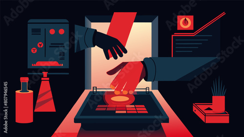 A darkroom filled with glowing red light as a pair of gloved hands dip a print into a developing solution. The magic of film photography slowly.