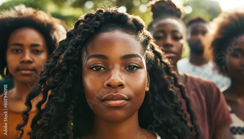 A woman with a red headband stands in front of a crowd of people