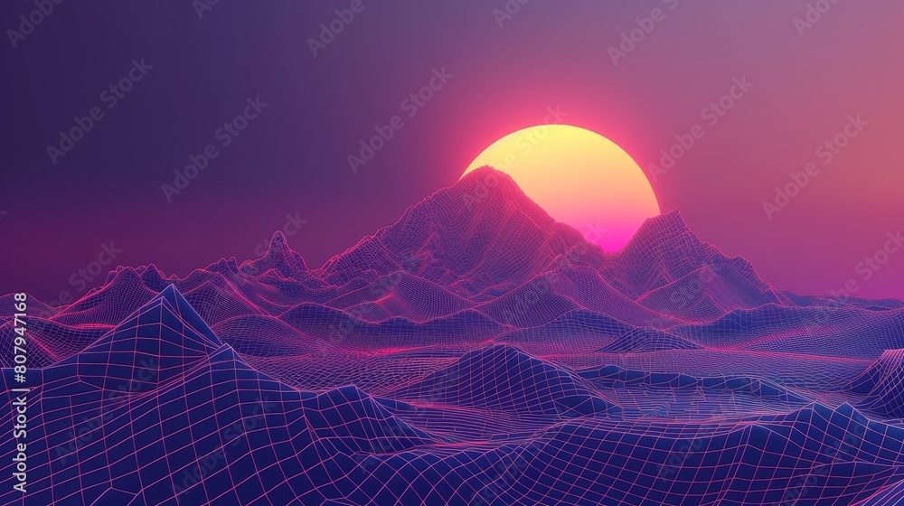 Abstract wireframe geometric hills landscape with sun on synthwave retro background with grid mountain and neon pink sunset. Realistic modern illustration of new retro wave backdrop in 80s style.
