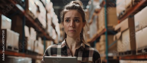 The image shows a beautiful white woman worker working on a tablet computer in a warehouse full of cardboard boxes. In the background, the image shows a professional loading cardboard boxes and