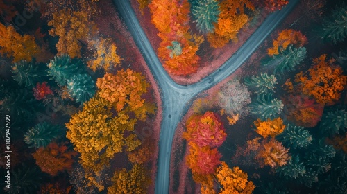An aerial view of a road in the middle of a forest during autumn.
