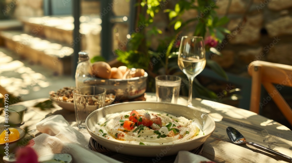 A bowl of Skordalia Garlic Dip surrounded by various Greek foods on a vibrant table setting