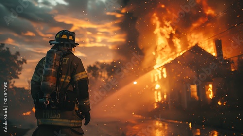 Firefighter battling intense flames in a residential area, smoke billowing against a clear sky, showcasing heroism and urgency