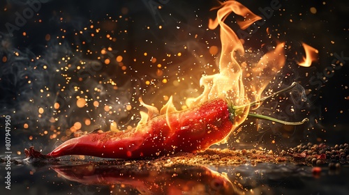 Flame-engulfed chili pepper in a culinary showdown, representing the essence of spicy food with a dramatic flair