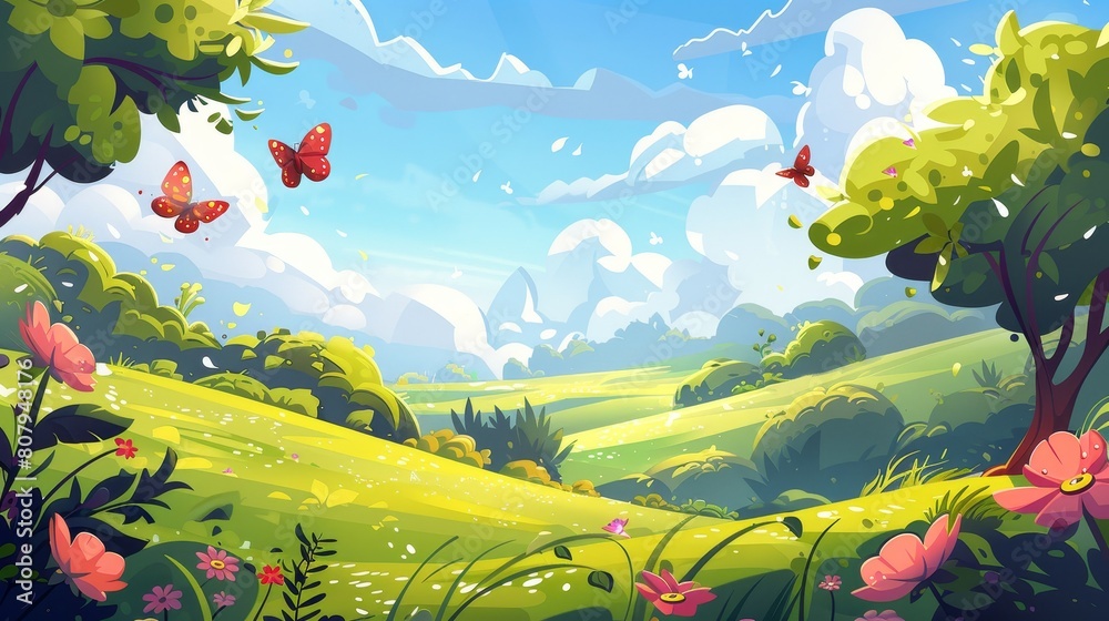The summer valley landscape with flowers depicts a spring sunny scene with butterflies fluttering above green grass on hills, trees, and shrubs, and fluffy white clouds in the sky.