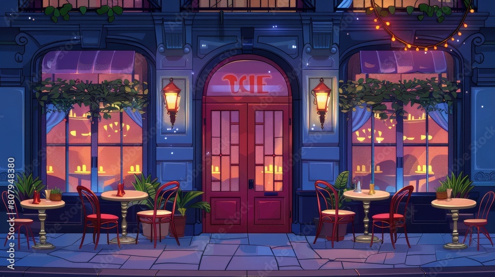 A cartoon restaurant outside a restaurant at night. A dark cityscape with tables and chairs, decorative plants in pots near large windows and a red door. A terrace is at the back of the building.