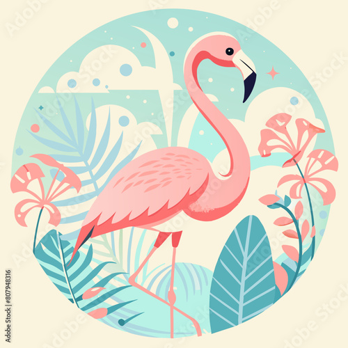 Summer Vibes. Flamingo Vector with Blue and pink colors