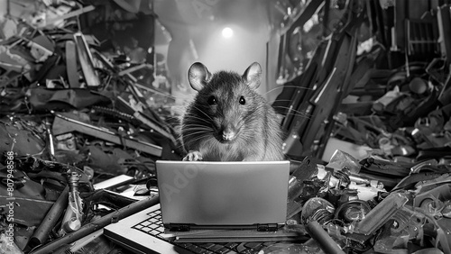 Monochrome fantasy phoho of a R¿rat using laptop at industrial messy garage © danflcreativo