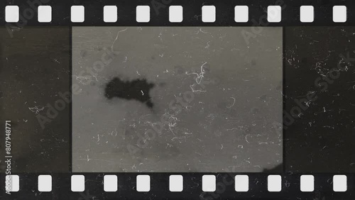 Damage to an old celluloid film strip. Tearing. Burning. Transition. Glitches. Overlay.