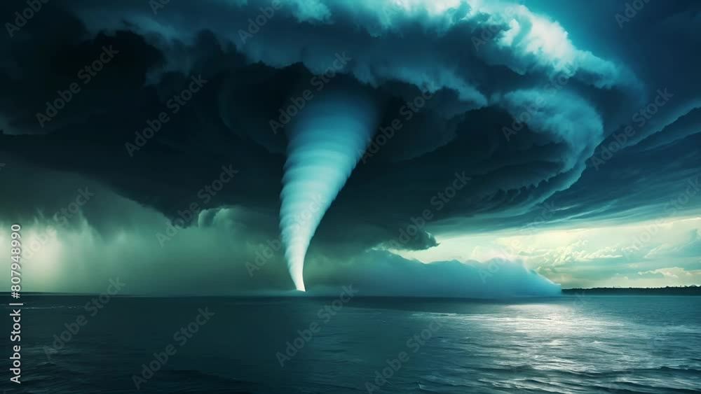 Majestic waterspout tornado over ocean against stormy skies, concept for natural disasters, extreme weather, or meteorological phenomena
