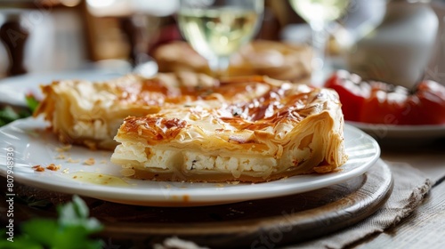 A white plate holds Tiropita Cheese Pie next to a glass of wine