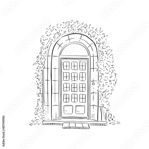 A line drawn illustration of a beautiful front door in a black and white sketch style. Finished with ivy around the door. Vectorised for a variety of uses.