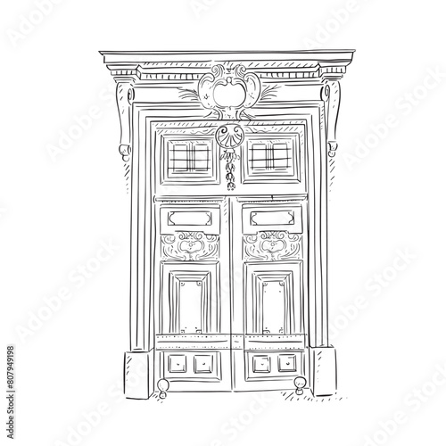 A line drawn illustration of a beautiful hotel / mansion front door in a black and white sketch style. Heavily decorated wooden door. Vectorised for a variety of uses.