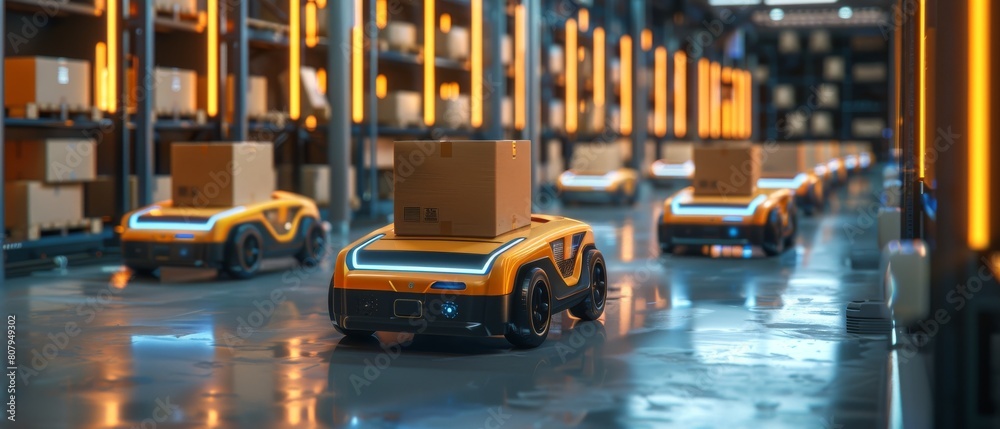 3D rendering of a future technology concept showing automated automated guided vehicles delivering goods, products, and packages in a modern retail warehouse.