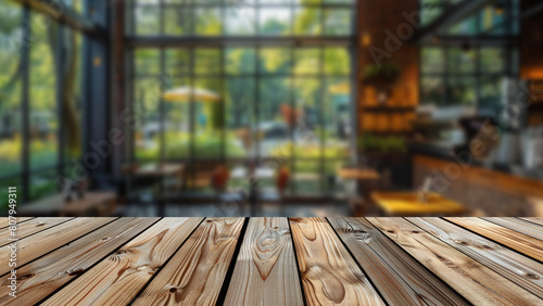 Foreground wooden table in a cafe setting.