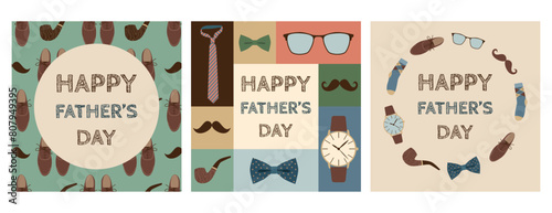 Father's day cards set. Holiday concept with men's accessories, mustache, clothes. Seamless pattern, geometric composition, frames and templates