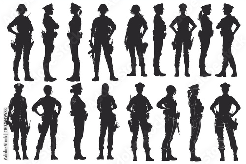 Woman police officer silhouettes, Set of woman police officer, Black silhouette of woman police, Woman police officer, Female police officer silhouette, Silhouettes of woman police standing 