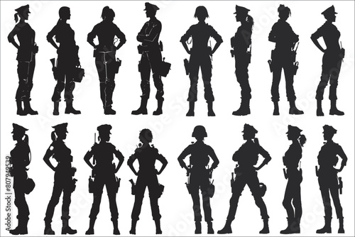 Woman police officer silhouettes, Set of woman police officer, Black silhouette of woman police, Woman police officer, Female police officer silhouette, Silhouettes of woman police standing 