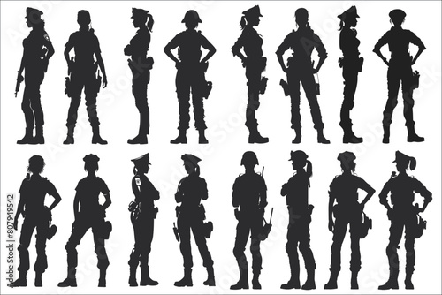 Woman police officer silhouettes, Set of woman police officer, Black silhouette of woman police, Woman police officer, Female police officer silhouette, Silhouettes of woman police standing 